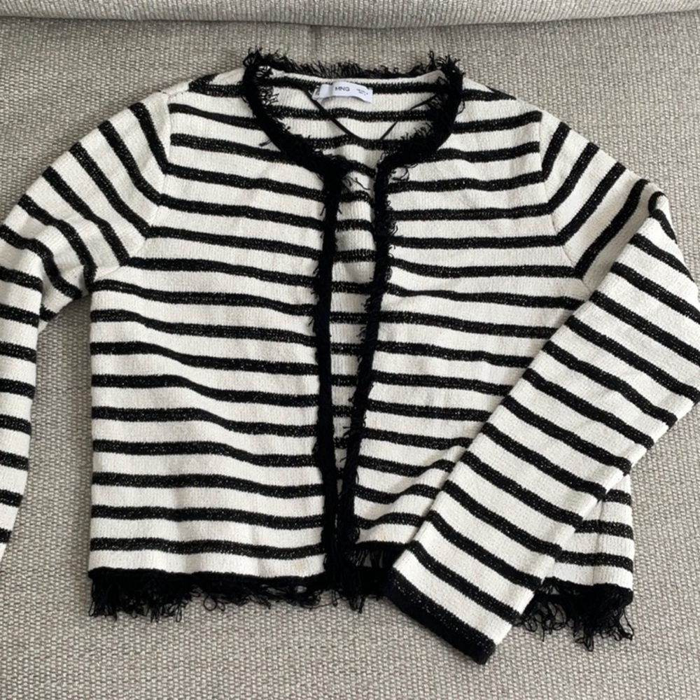 Mango Black and White Striped Fringe-Trim Open Cardigan